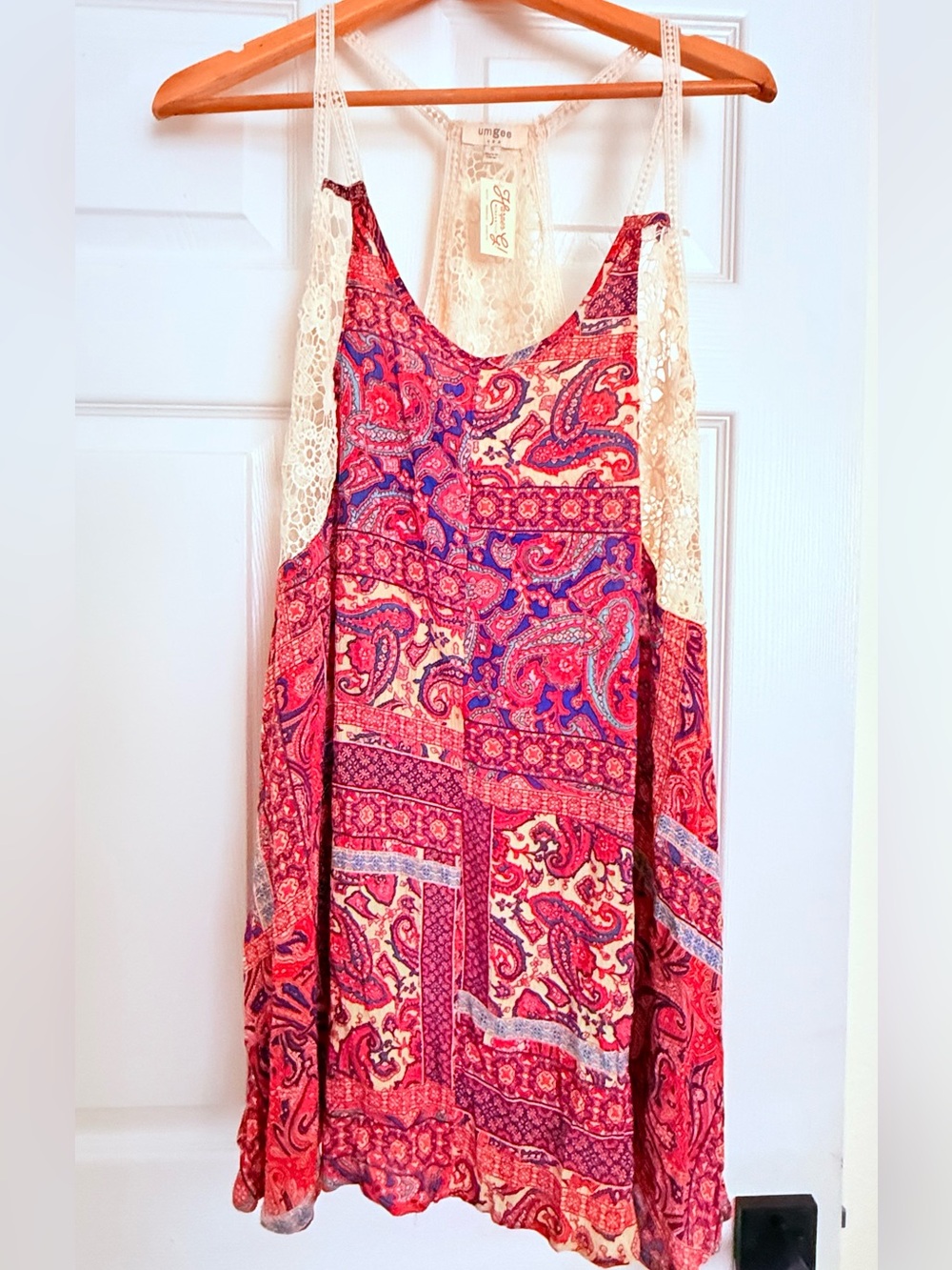 Umgee Red Paisley Lace-Back Mini Dress